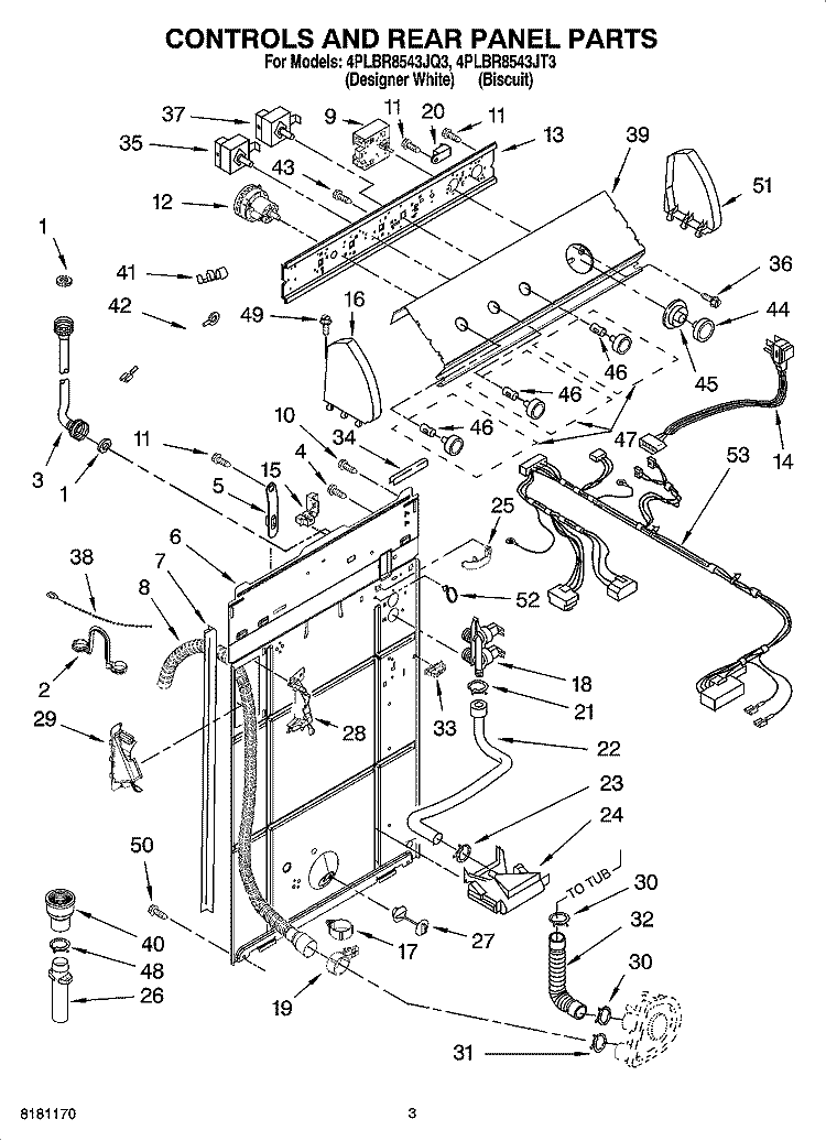 CONTROLS AND REAR PANEL PARTS Diagram and Parts List for 4PLBR8543JQ3  Whirlpool Washer