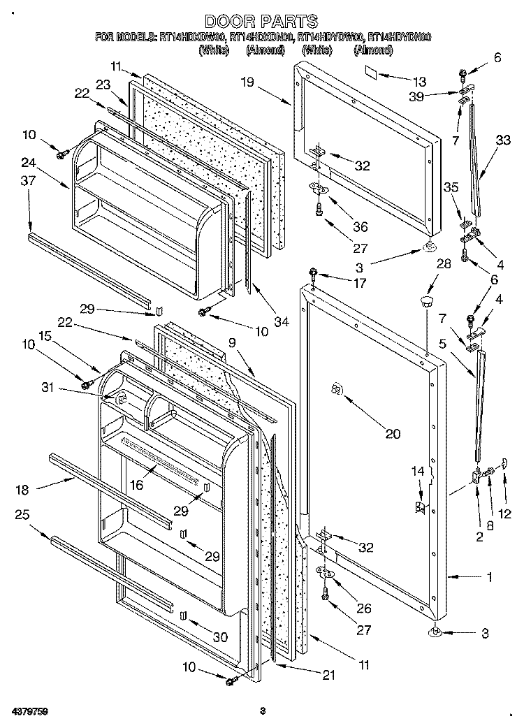 DOOR Diagram and Parts List for RT14HDYDW00  Roper Refrigerator