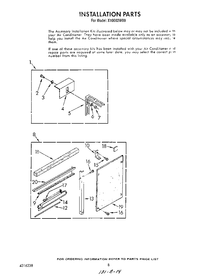 INSTALLATION Diagram and Parts List for X10002W00  Roper Air Conditioner