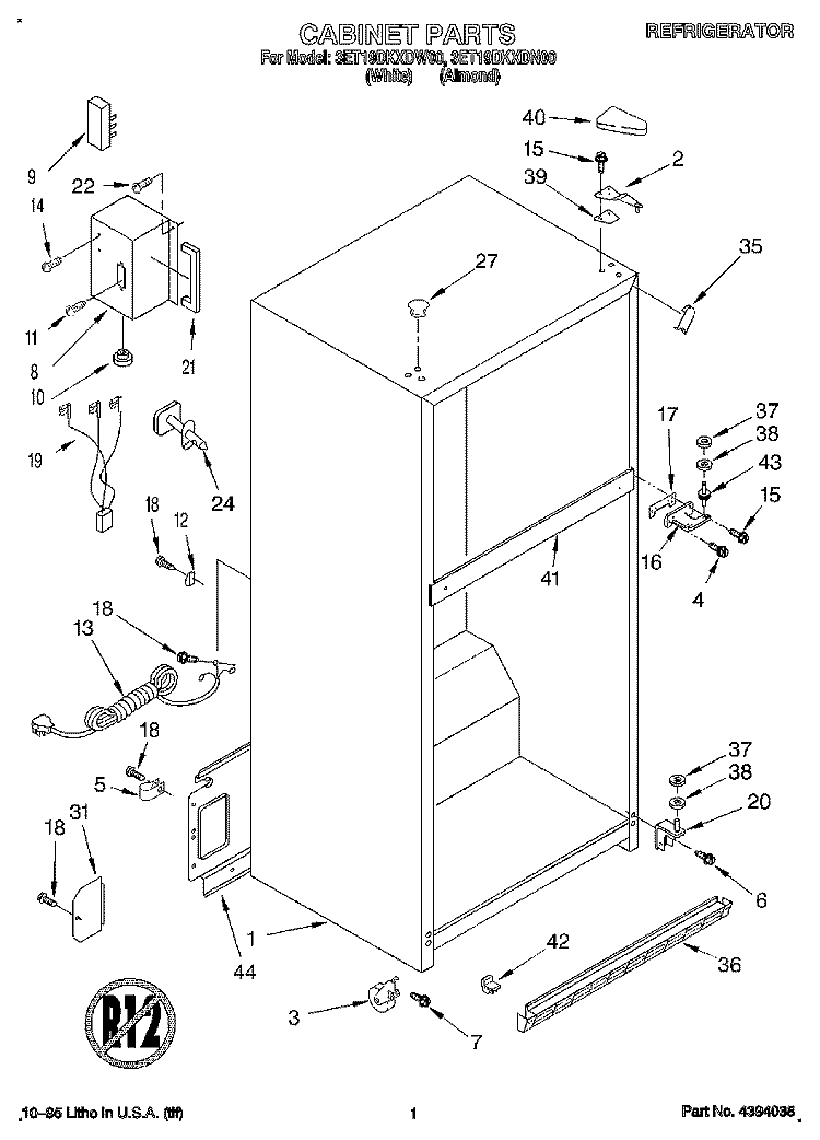 CABINET Diagram and Parts List for 3ET19DKXDW00  Whirlpool Refrigerator