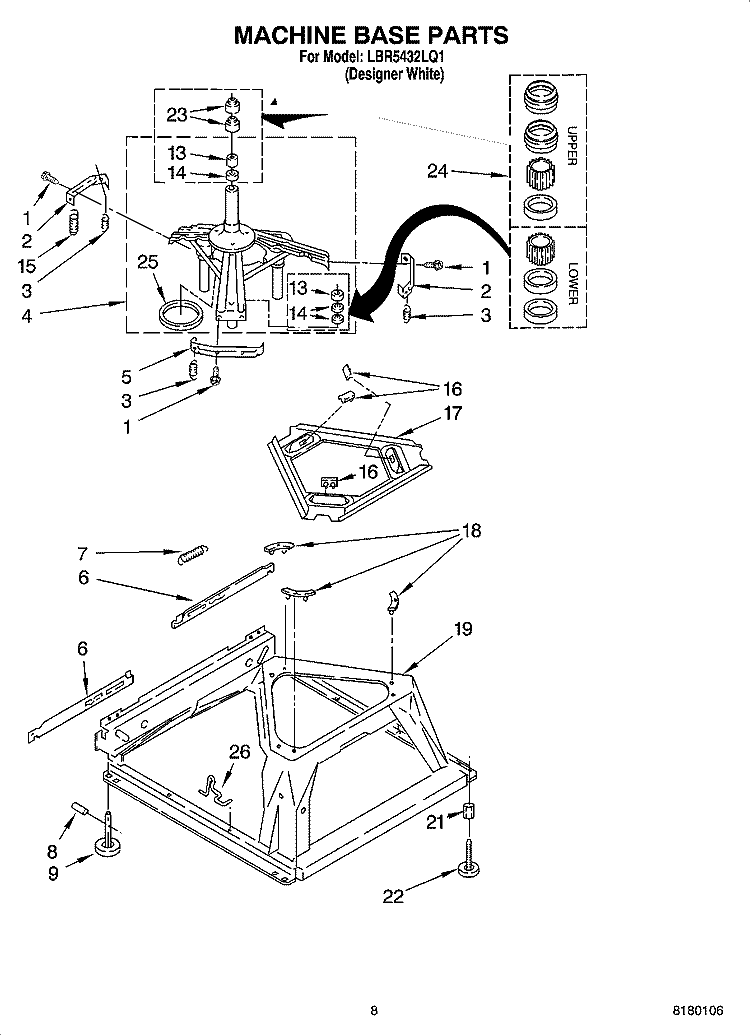 MACHINE BASE PARTS Diagram and Parts List for LBR5432LQ1  Whirlpool Washer