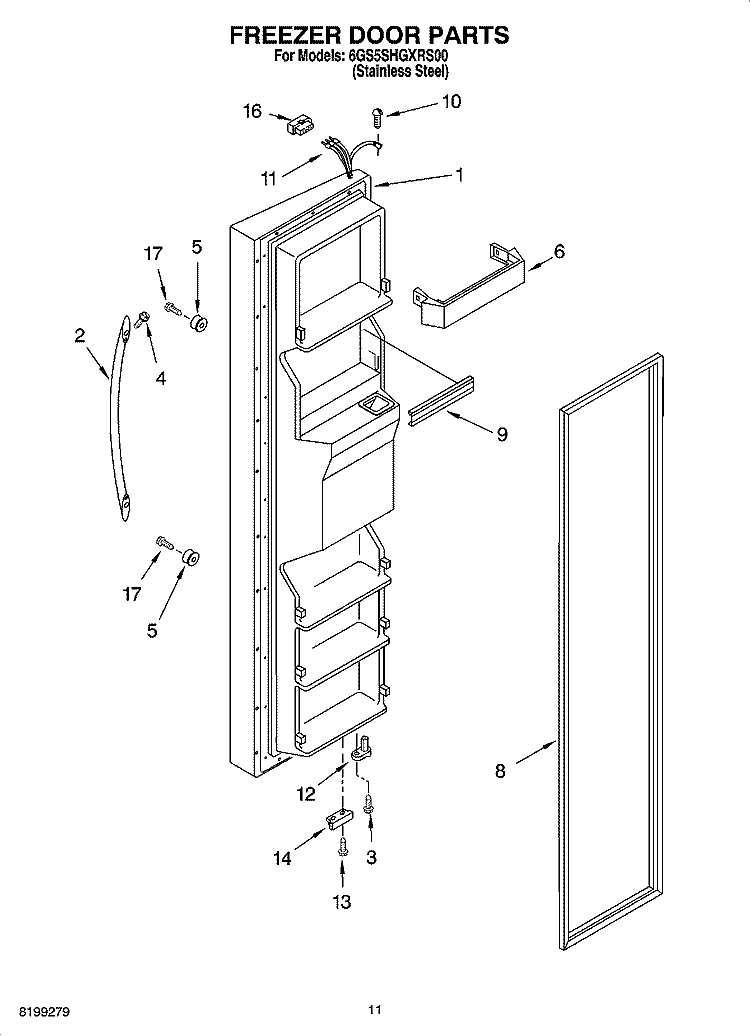 FREEZER DOOR PARTS Diagram and Parts List for 6GS5SHGXRS00  Whirlpool Refrigerator