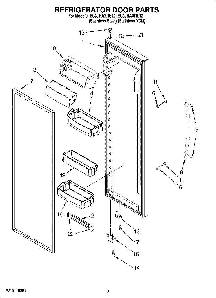 REFRIGERATOR DOOR PARTS Diagram and Parts List for EC3JHAXRL12  Whirlpool Refrigerator
