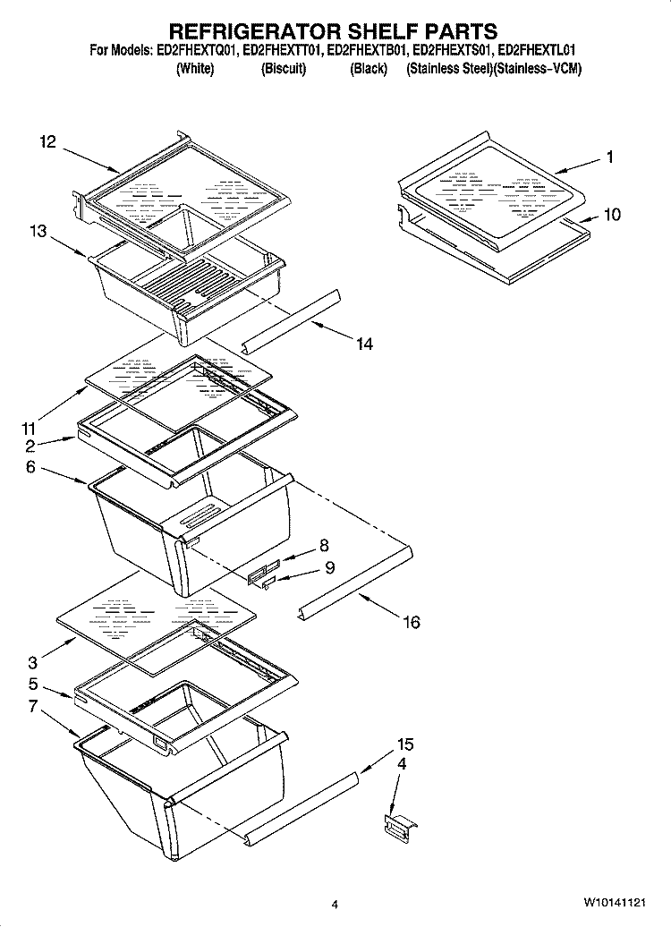 REFRIGERATOR SHELF PARTS Diagram and Parts List for ED2FHEXTQ01  Whirlpool Refrigerator