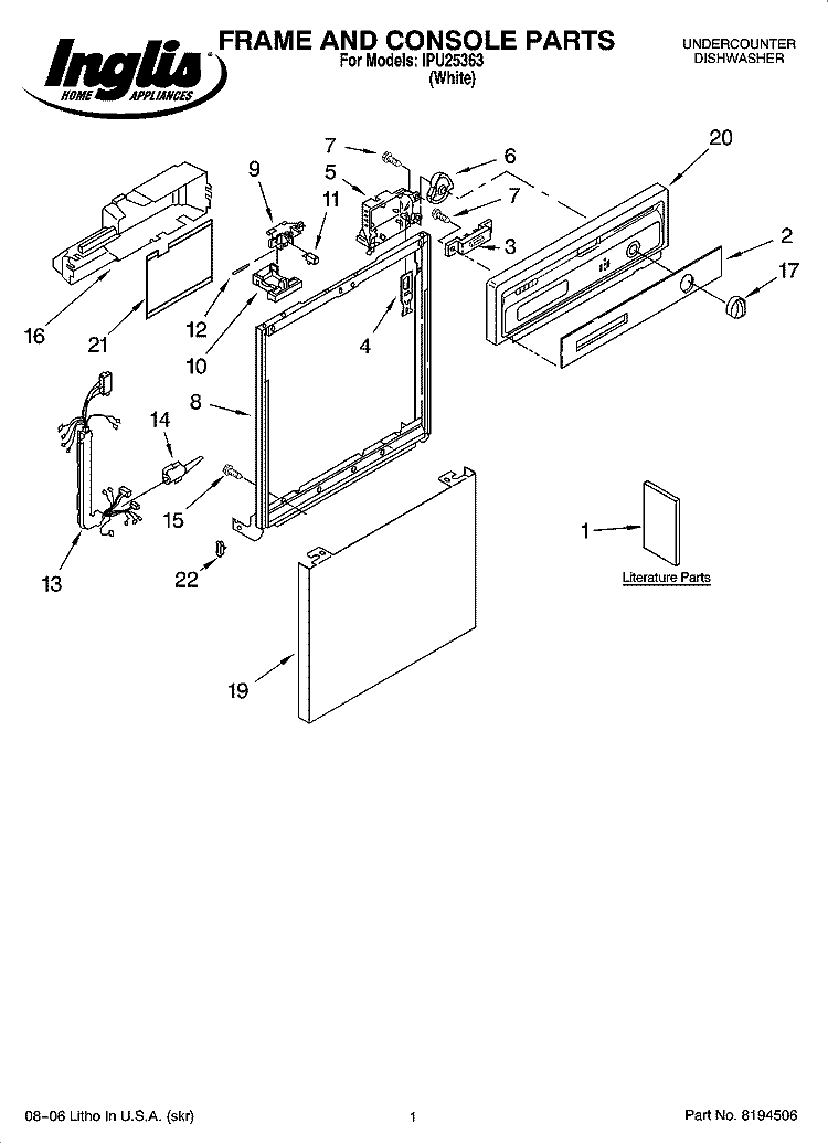 FRAME AND CONSOLE PARTS Diagram and Parts List for IPU25363  Inglis Dishwasher