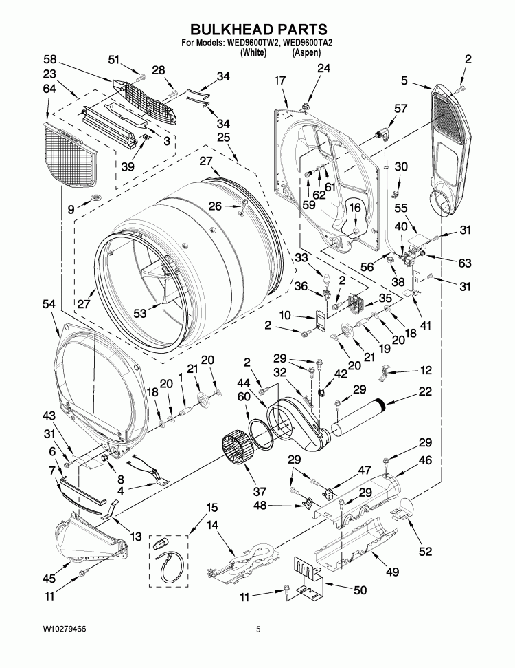 BULKHEAD PARTS Diagram and Parts List for WED9600TW2  Whirlpool Dryer