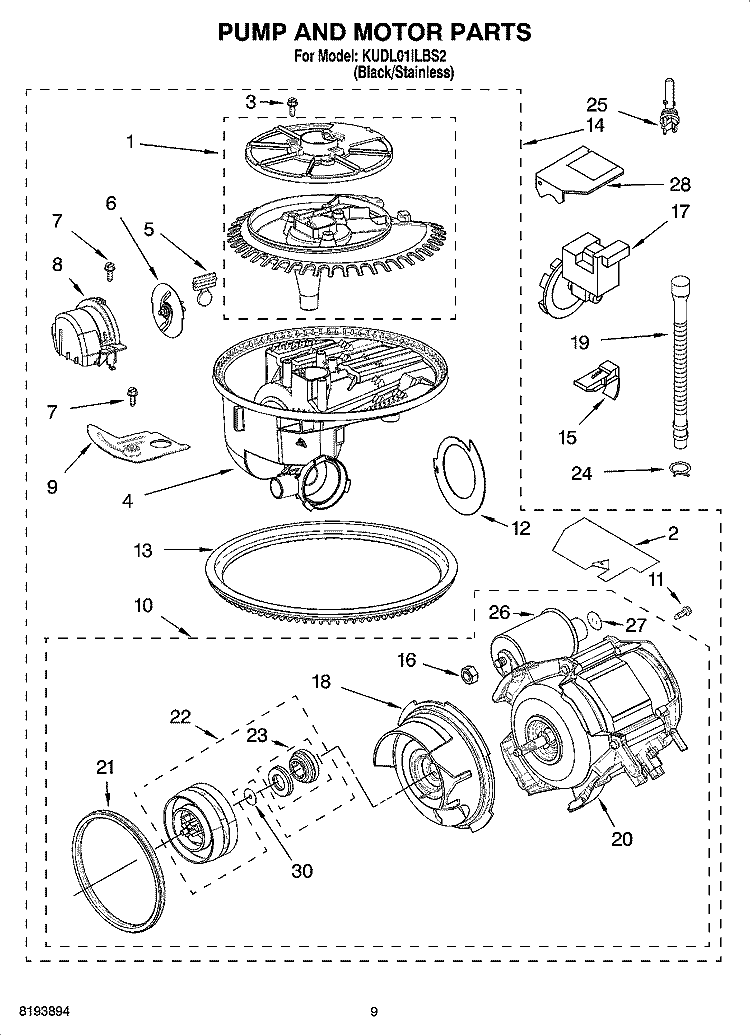 PUMP AND MOTOR PARTS Diagram and Parts List for KUDL01ILBS2  KitchenAid Dishwasher