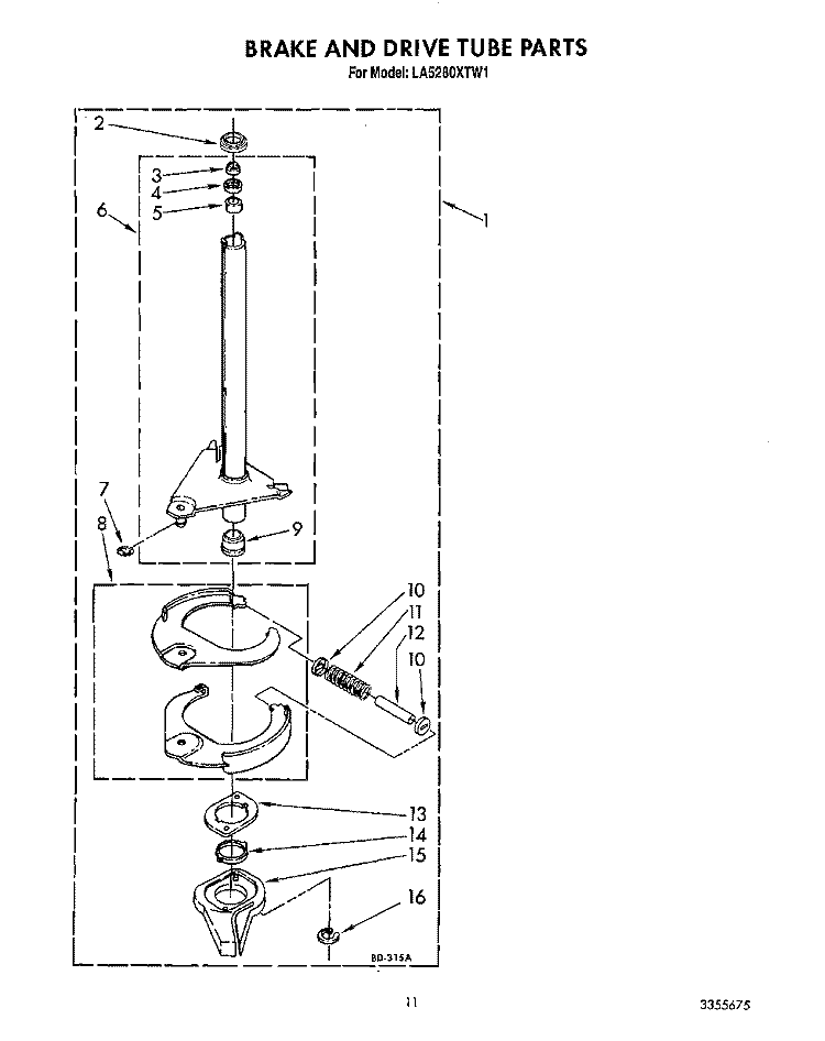 BRAKE AND DRIVE TUBE Diagram and Parts List for LA5280XTW1  Whirlpool Washer