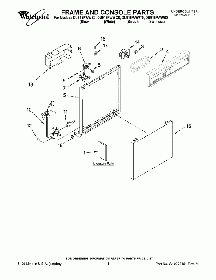 FRAME AND CONSOLE PARTS Diagram and Parts List for DU915PWWB0  Whirlpool Dishwasher