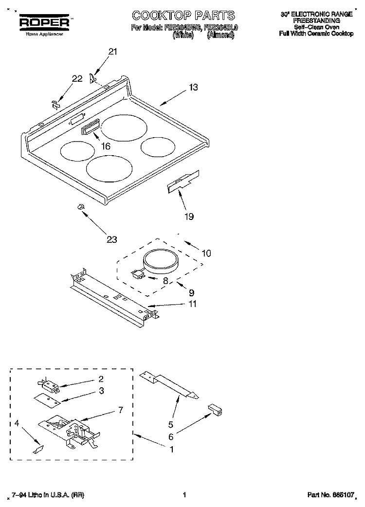 COOKTOP, LITERATURE Diagram and Parts List for FES364BW0  Roper Range