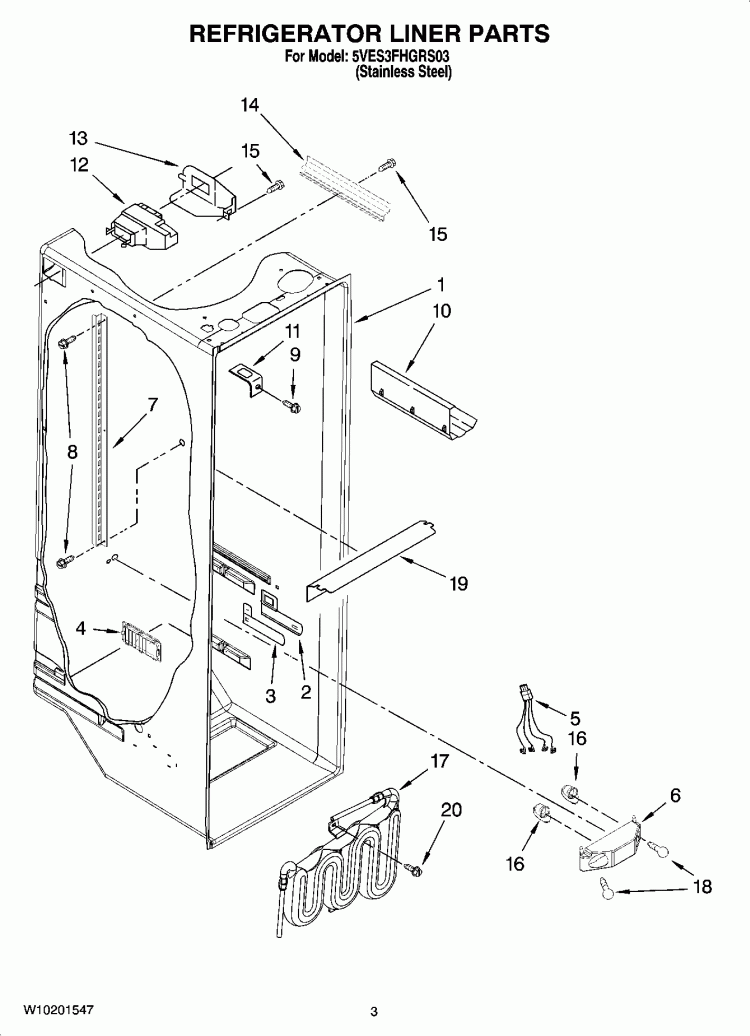 REFRIGERATOR LINER PARTS Diagram and Parts List for 5VES3FHGRS03  Whirlpool Refrigerator