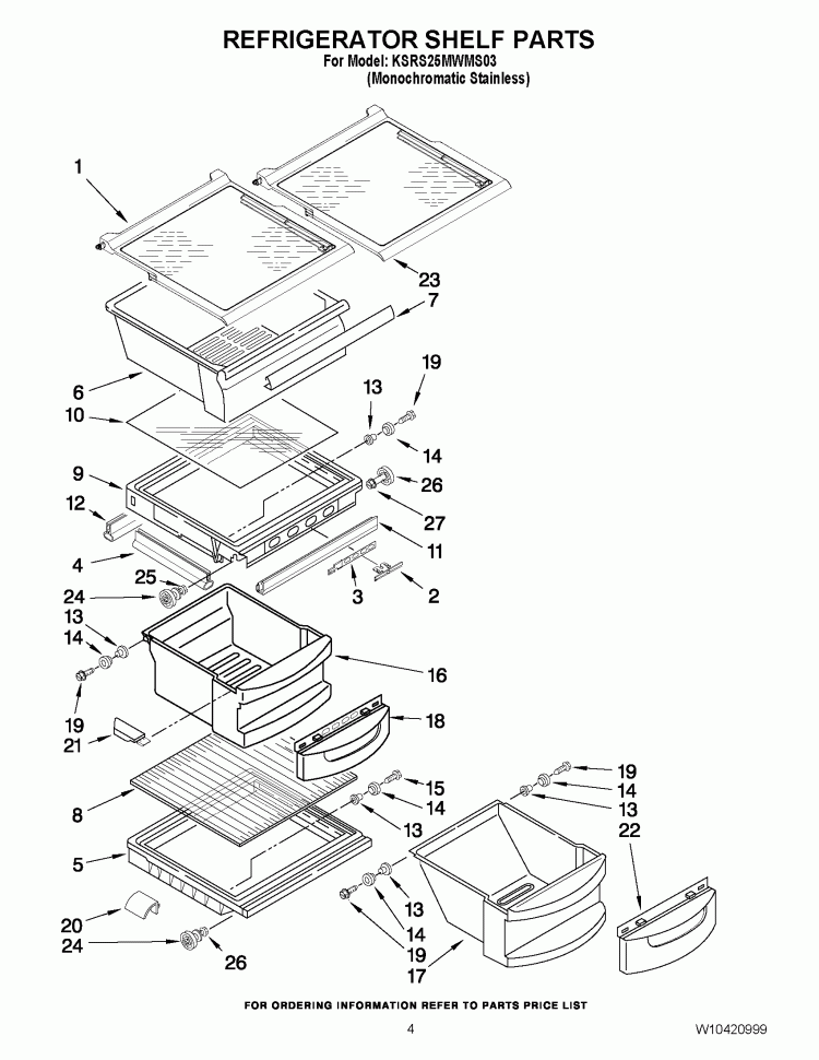REFRIGERATOR SHELF PARTS Diagram and Parts List for KSRS25MWMS03  KitchenAid Refrigerator