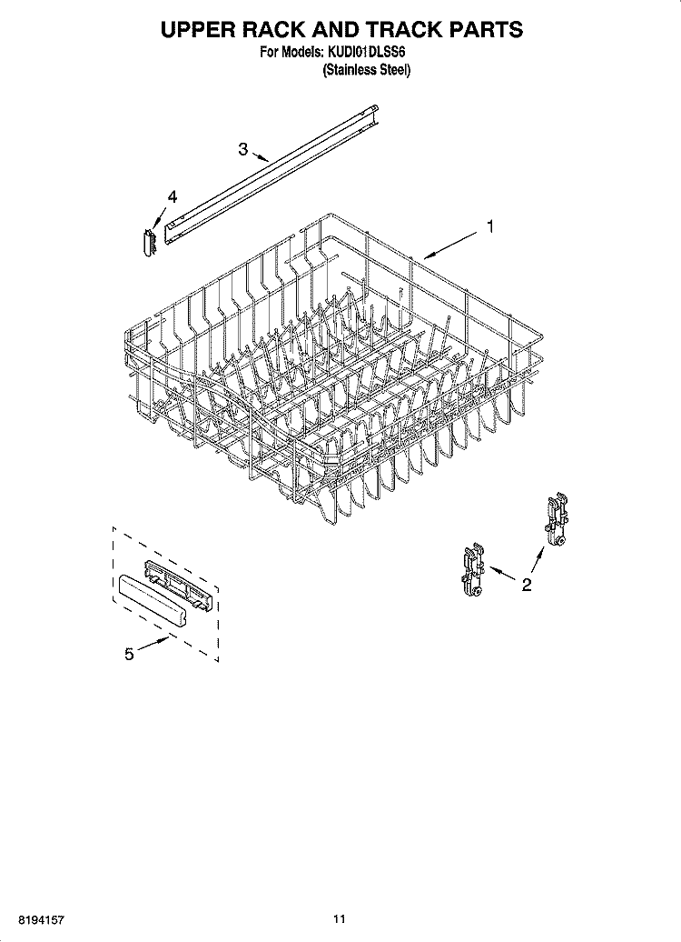 UPPER RACK AND TRACK PARTS Diagram and Parts List for KUDI01DLSS6  KitchenAid Dishwasher