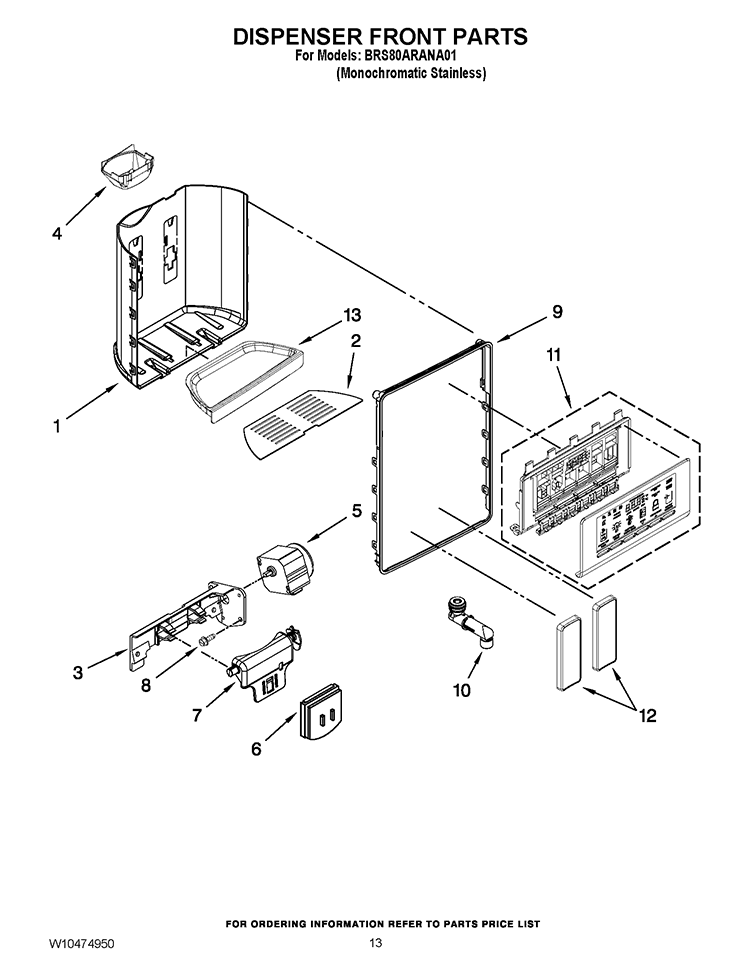 DISPENSER FRONT PARTS Diagram and Parts List for BRS80ARANA01  Whirlpool Refrigerator
