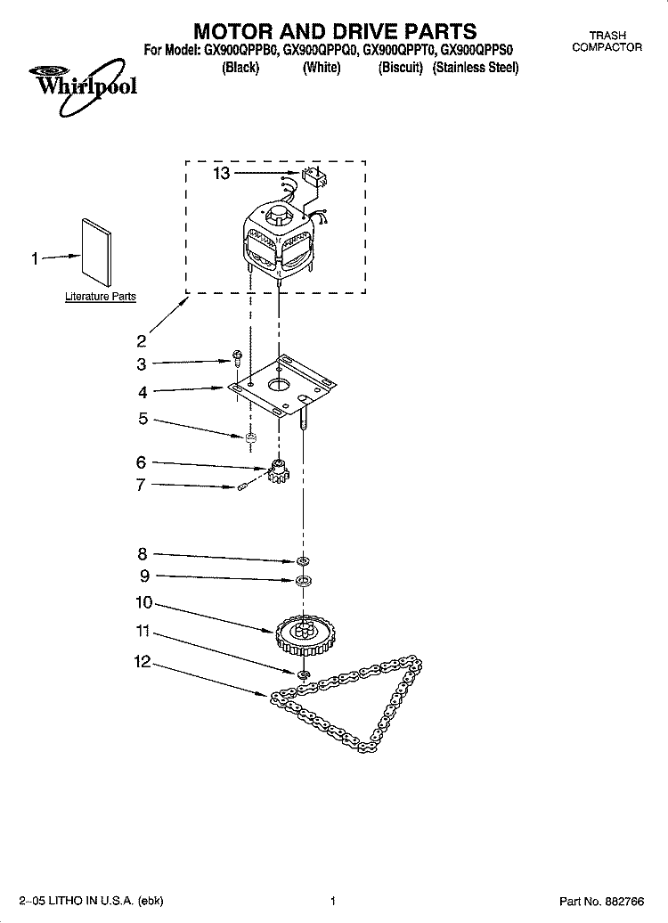 MOTOR AND DRIVE PARTS Diagram and Parts List for GX900QPPB0  Whirlpool Trash Compactor