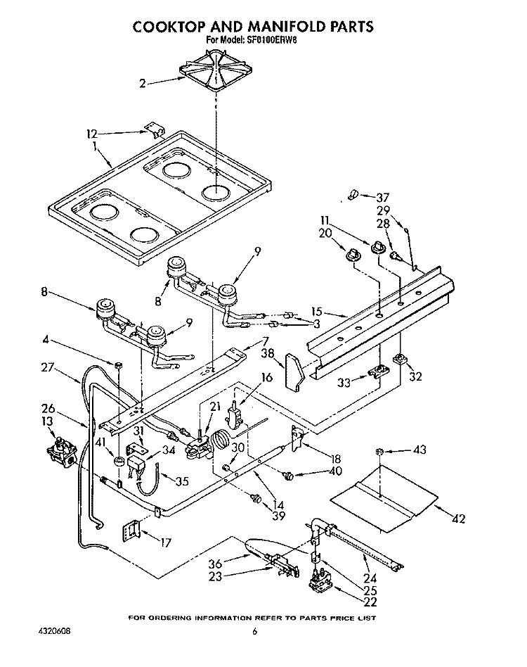 COOKTOP AND MANIFOLD, LIT/OPTIONAL Diagram and Parts List for SF0100ERW8  Whirlpool Range