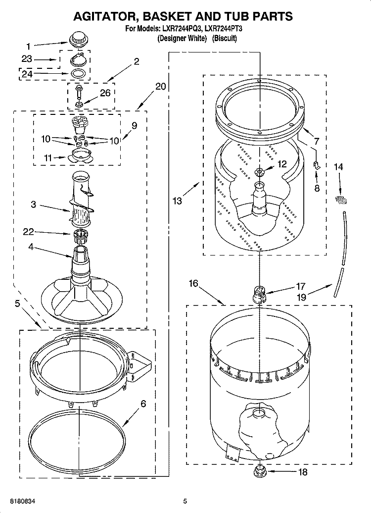 AGITATOR, BASKET AND TUB PARTS Diagram and Parts List for LXR7244PQ3  Whirlpool Washer