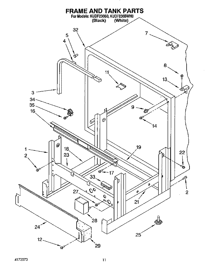 FRAME AND TANK Diagram and Parts List for KUDF230BWH0  KitchenAid Dishwasher