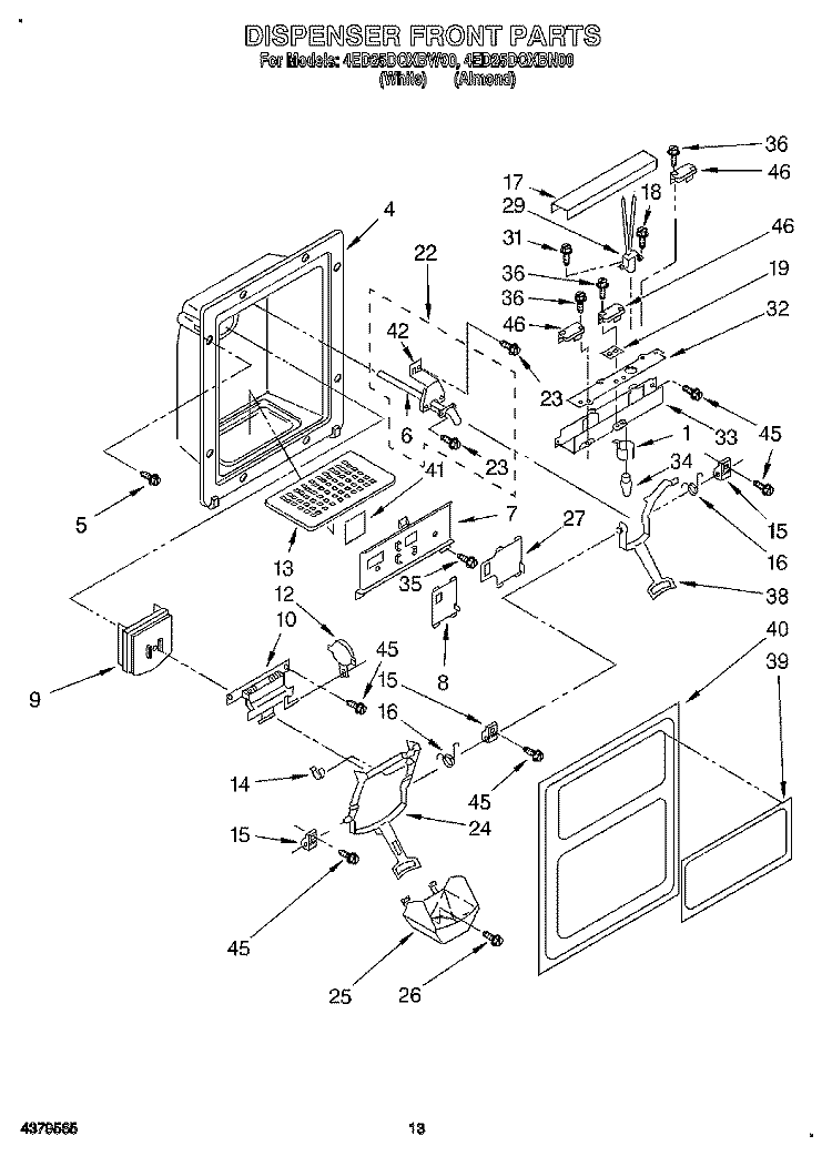 DISPENSER FRONT Diagram and Parts List for 4ED25DQXBW00  Whirlpool Refrigerator
