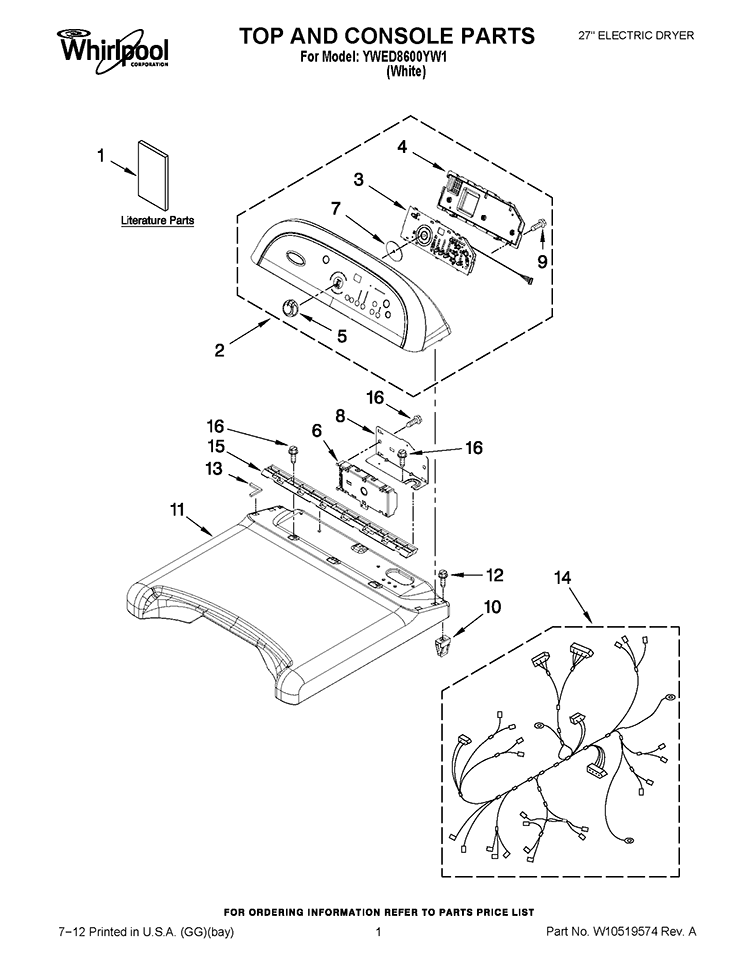 TOP AND CONSOLE PARTS Diagram and Parts List for YWED8600YW1  Whirlpool Dryer