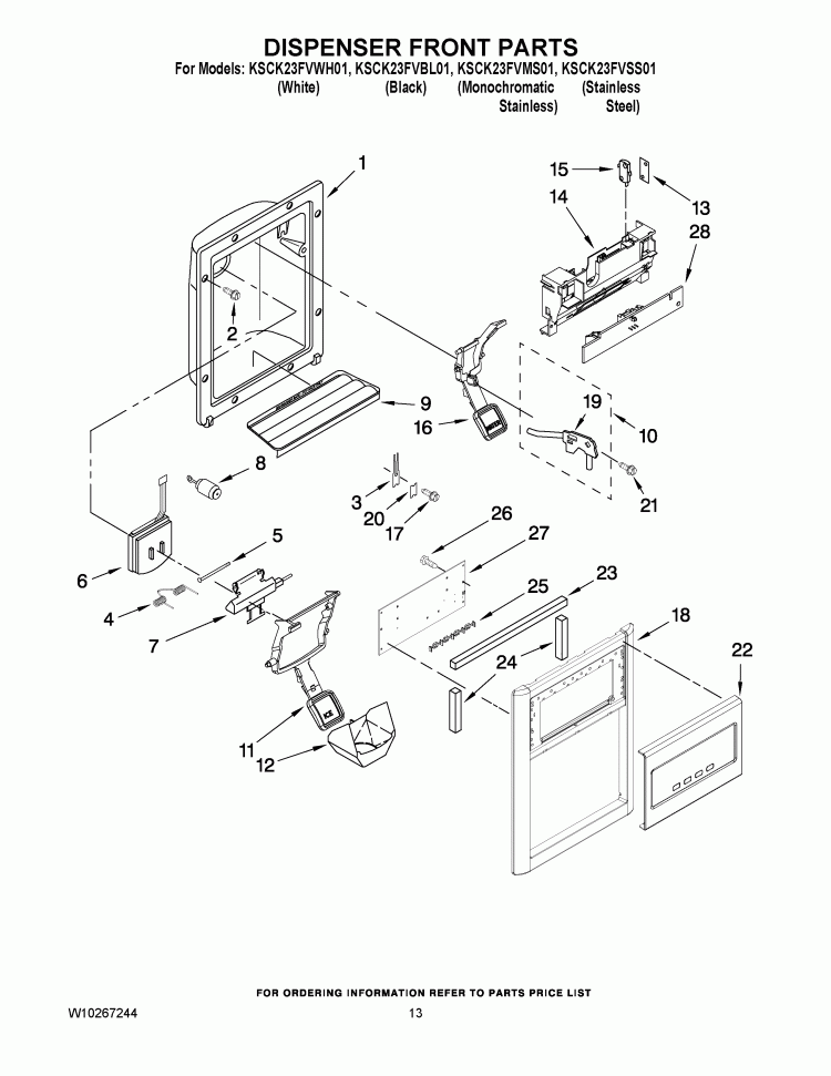DISPENSER FRONT PARTS Diagram and Parts List for KSCK23FVMS01  KitchenAid Refrigerator