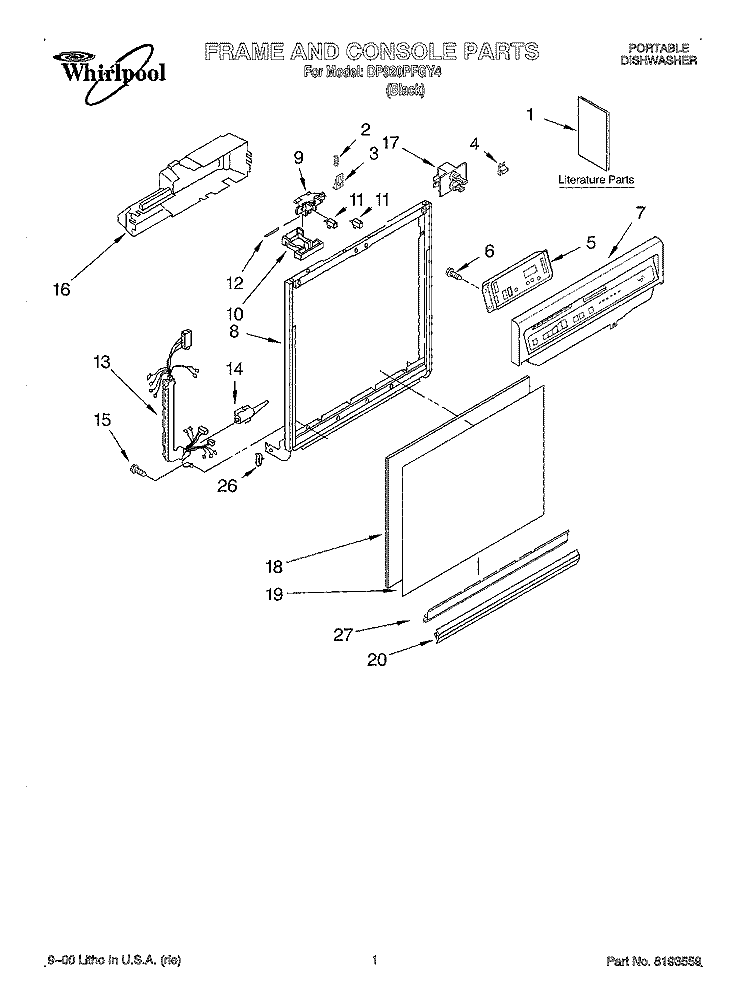 FRAME & CONSOLE, LITERATURE Diagram and Parts List for DP920PFGY4  Whirlpool Dishwasher
