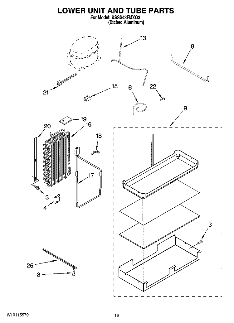LOWER UNIT AND TUBE PARTS Diagram and Parts List for KSSS48FMXO3  KitchenAid Refrigerator