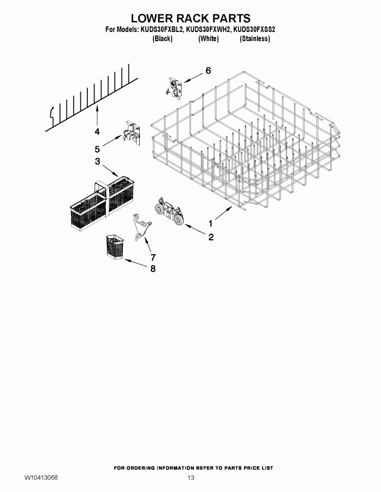 LOWER RACK PARTS Diagram and Parts List for KUDS30FXSS2  KitchenAid Dishwasher