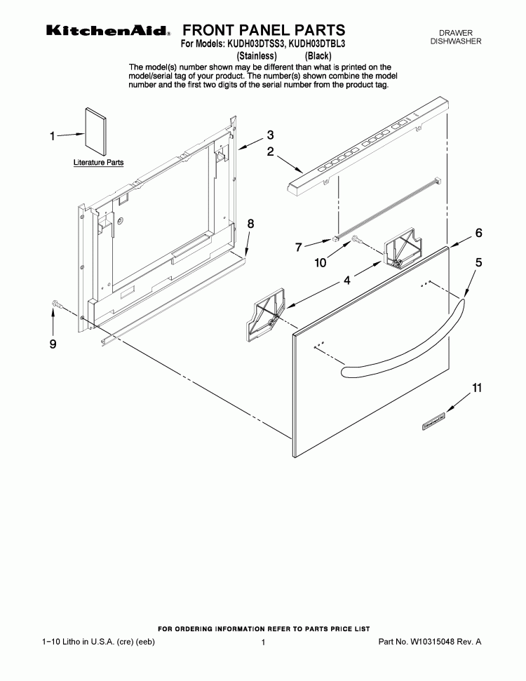 FRONT PANEL PARTS Diagram and Parts List for KUDH03DTBL3  KitchenAid Dishwasher