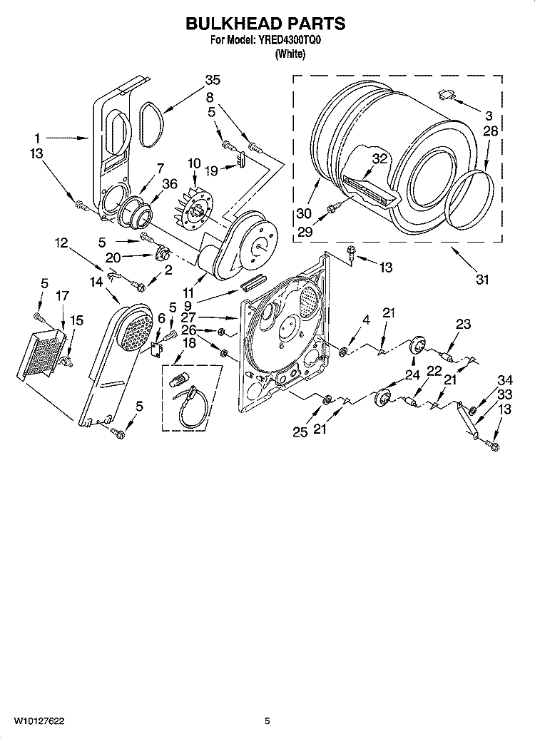 BULKHEAD PARTS, OPTIONAL PARTS (NOT INCLUDED) Diagram and Parts List for YRED4300TQ0  Roper Dryer