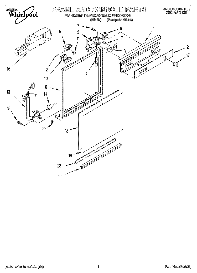 FRAME AND CONSOLE Diagram and Parts List for DU840CWDQ5  Whirlpool Dishwasher