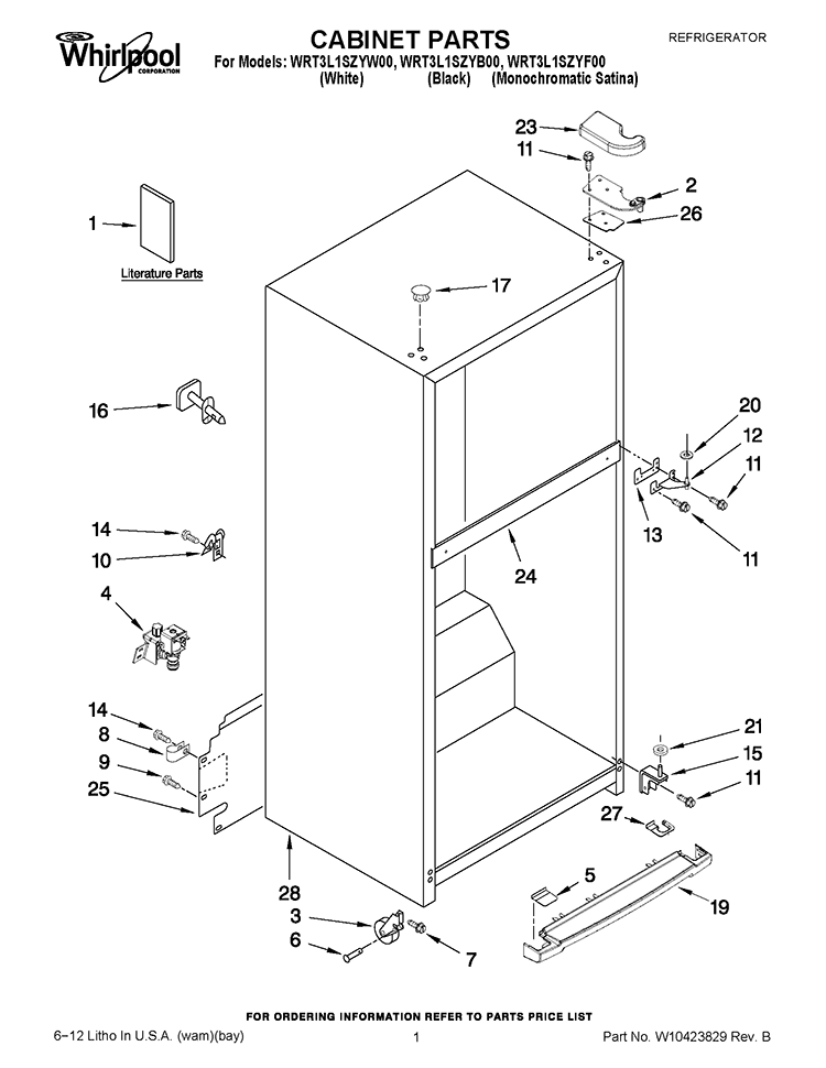 CABINET PARTS Diagram and Parts List for WRT3L1SZYW00  Whirlpool Refrigerator