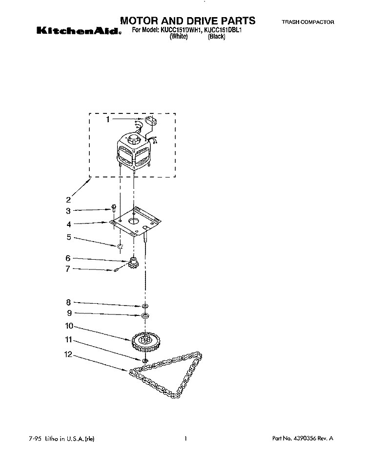 MOTOR AND DRIVE, LITERATURE Diagram and Parts List for KUCC151DBL1  KitchenAid Trash Compactor