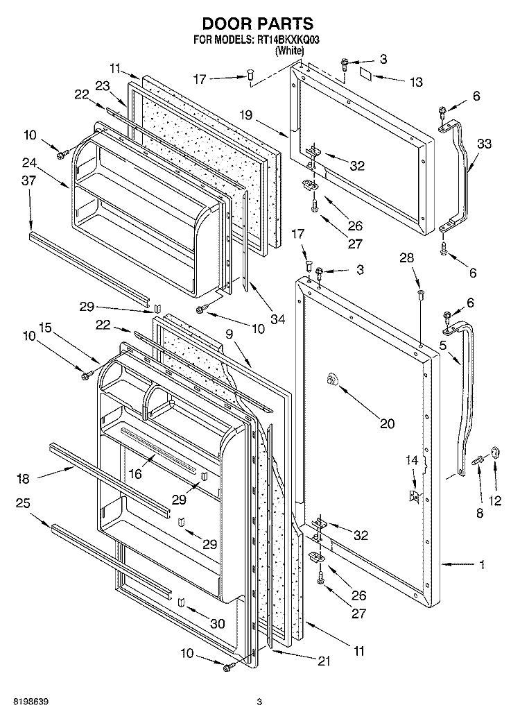DOOR PARTS Diagram and Parts List for RT14BKXKQ03  Roper Refrigerator