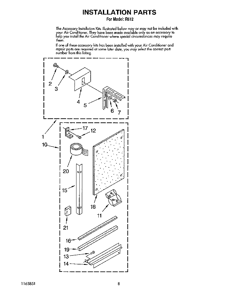 INSTALLATION Diagram and Parts List for R612  Whirlpool Air Conditioner