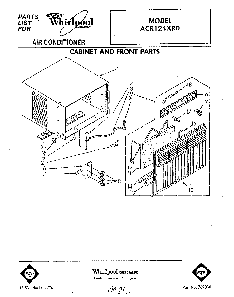 CABINET AND FRONT Diagram and Parts List for ACR124XR0  Whirlpool Air Conditioner