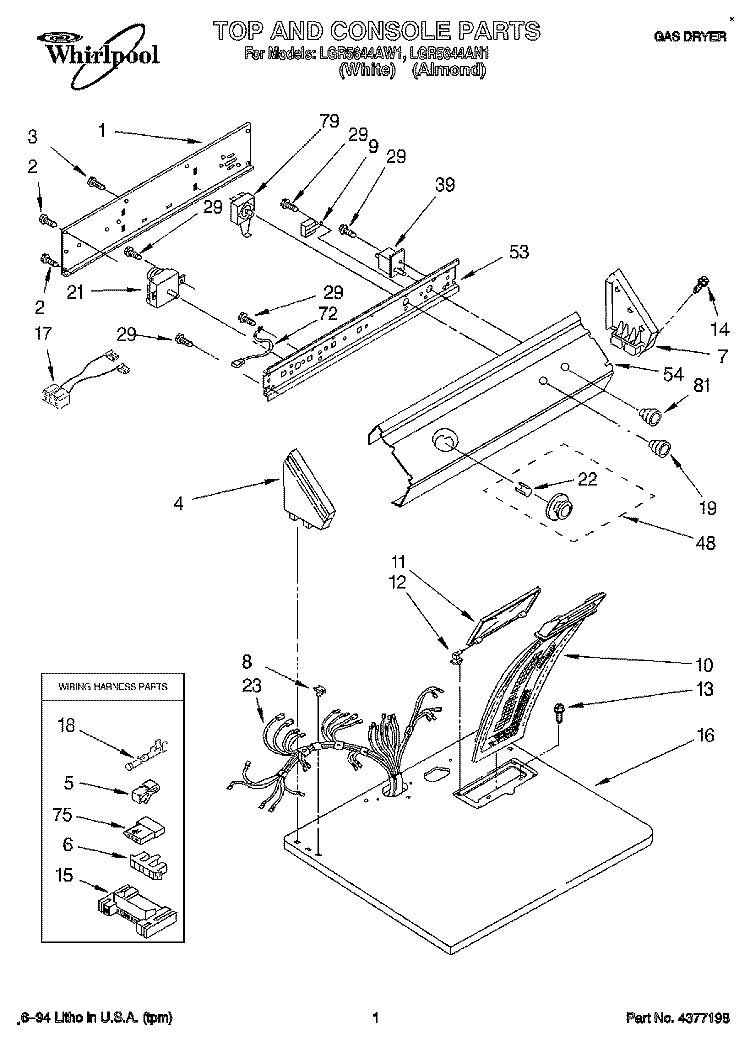TOP AND CONSOLE, LIT/OPTIONAL Diagram and Parts List for LGR5644AN1  Whirlpool Dryer