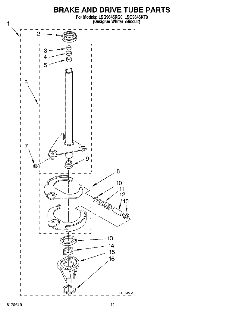 BRAKE AND DRIVE TUBE Diagram and Parts List for LSQ9645KT0  Whirlpool Washer