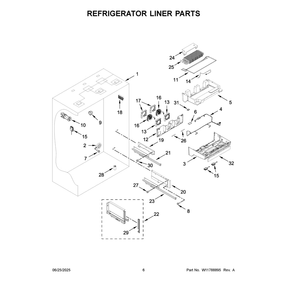 Refrigerator Liner Parts Diagram and Parts List for KBFN506EPA06  KitchenAid Refrigerator