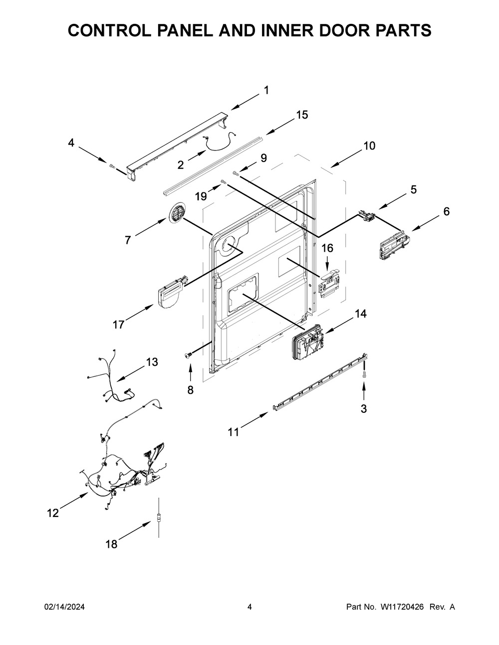 Control Panel And Inner Door Parts Diagram and Parts List for KDTE204KPS3  KitchenAid Dishwasher