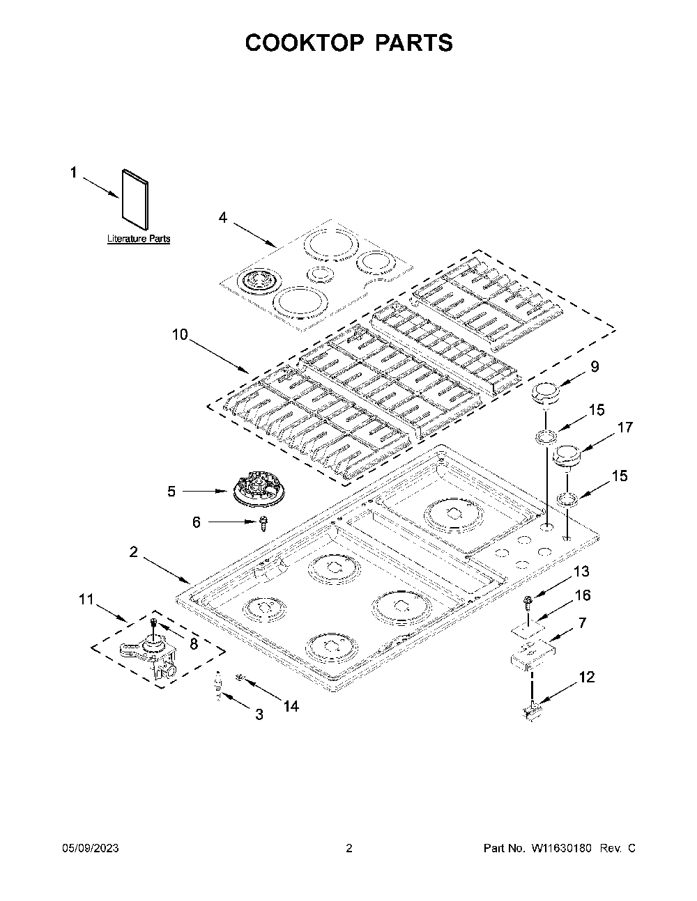 Cooktop Parts Diagram and Parts List for KCGD506GSS05  KitchenAid Cooktop