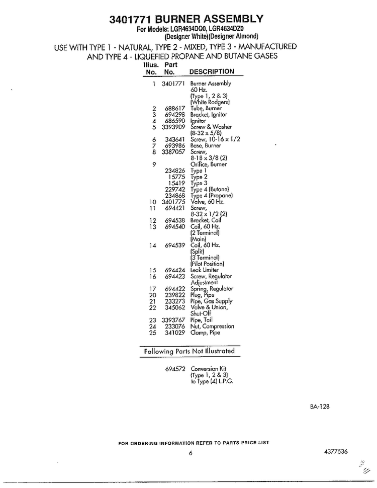 Burner Page 2 Diagram and Parts List for LGR4634DQO  Whirlpool Dryer