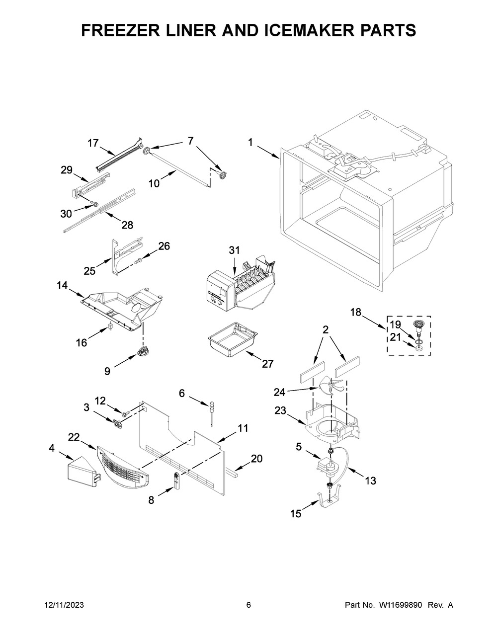 Freezer Liner And Icemaker Parts Diagram and Parts List for WRF535SWHV09  Whirlpool Refrigerator