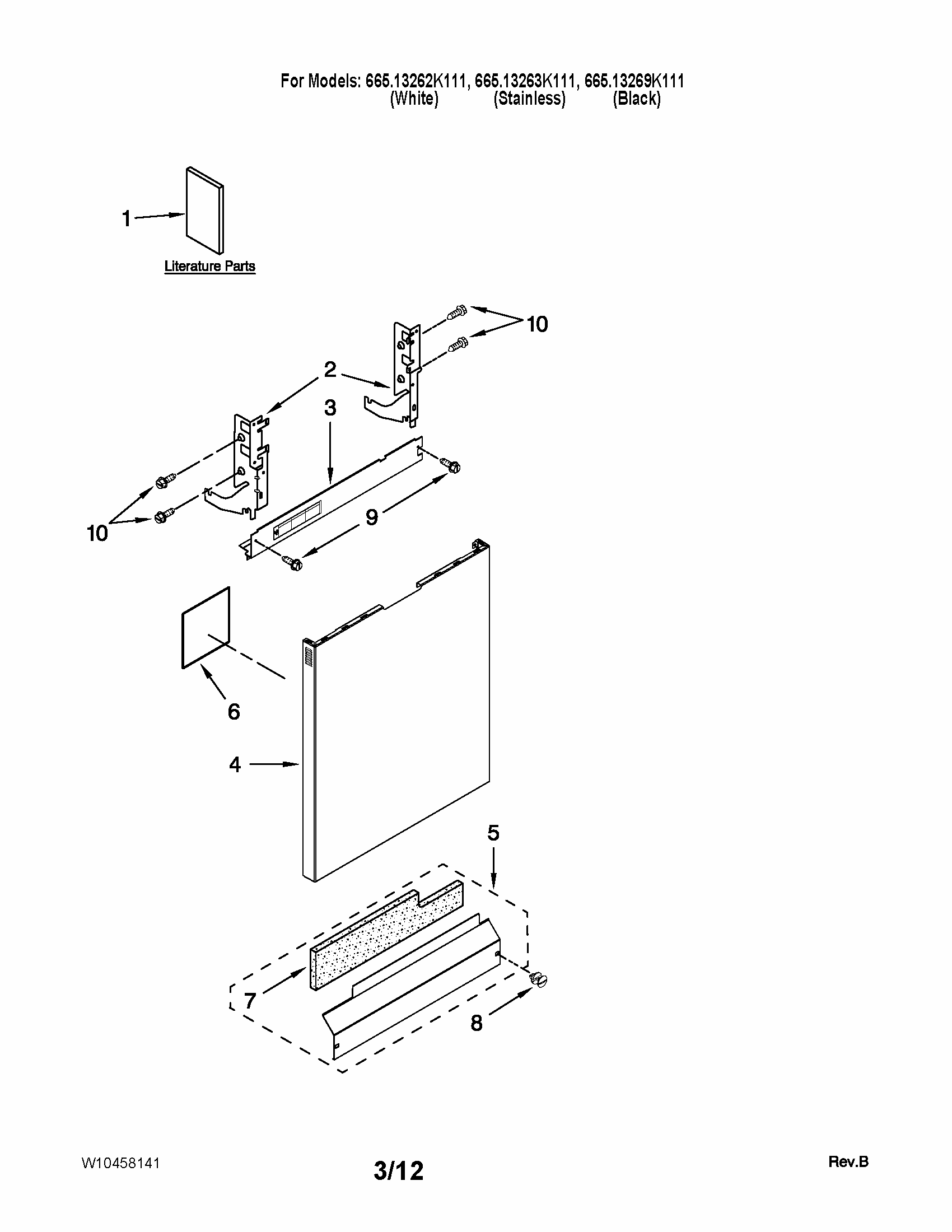 Door And Panel Parts Diagram and Parts List for 66513262K111  Kenmore Dishwasher