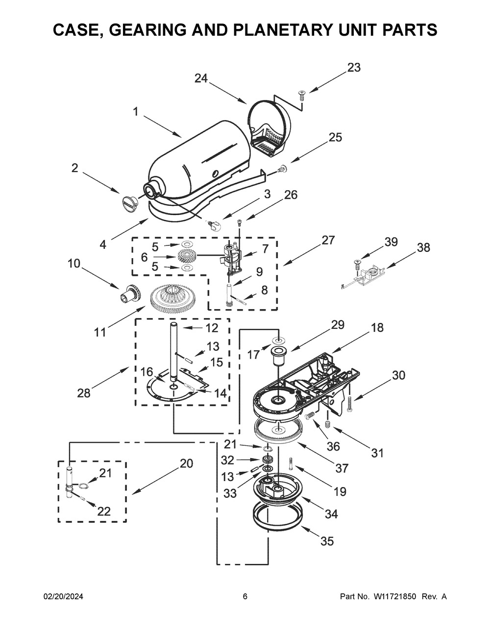 Case, Gearing And Planetary Unit Parts Diagram and Parts List for 5K45SSNOB5  KitchenAid Mixer