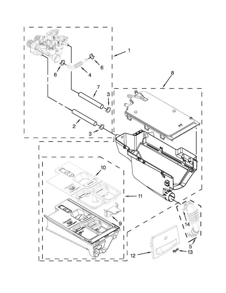 Dispenser Parts Diagram and Parts List for WFW87HEDC0  Whirlpool Washer