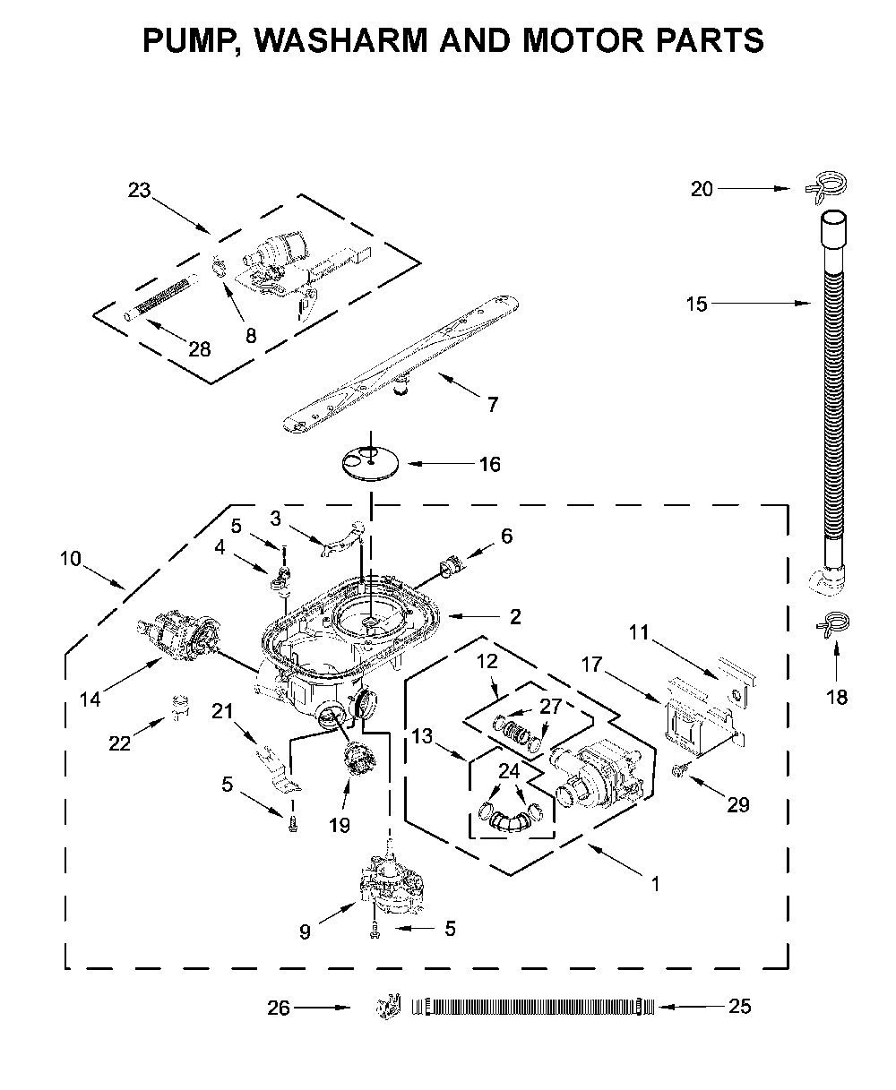 Pump, washarm and motor parts Diagram and Parts List for WDTA50SAKT0  Whirlpool Dishwasher