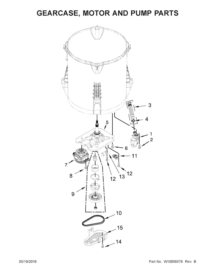 Gearcase, Motor And Pump Parts Diagram and Parts List for 7MWTW5521BW1  Whirlpool Washer