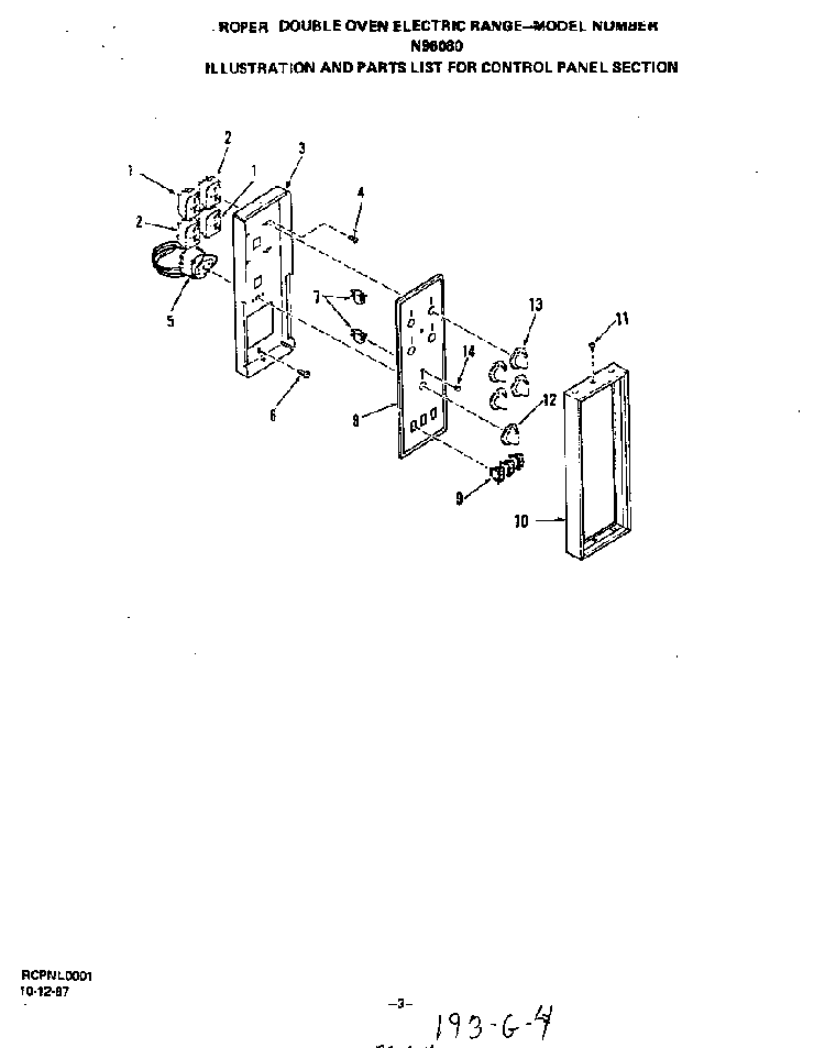 Control Panel Diagram and Parts List for N9608*0  Roper Range