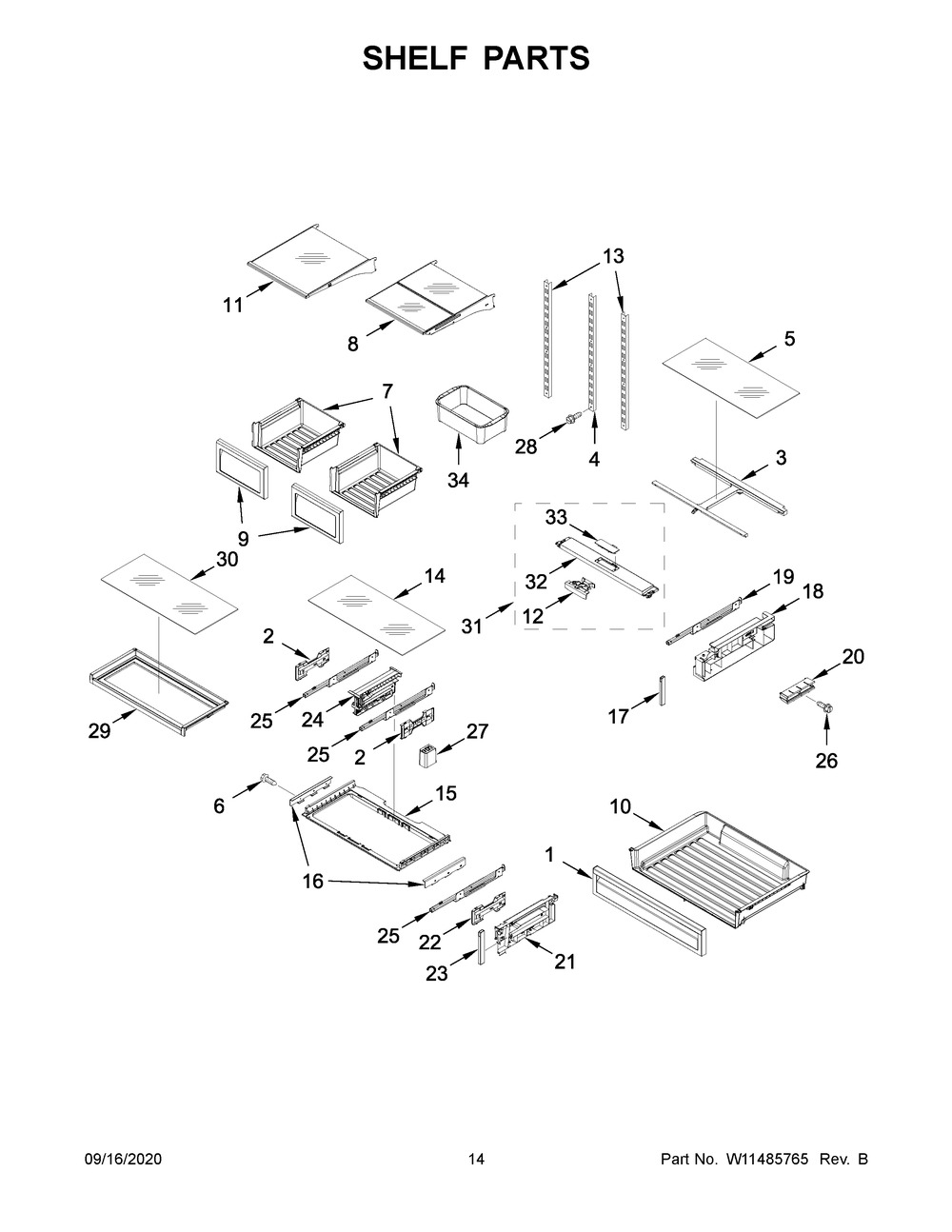 Shelf Parts Diagram and Parts List for KRFF507HBS02  Whirlpool Refrigerator
